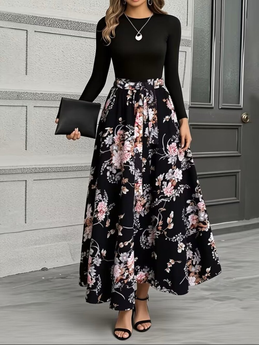 Floral Maxi Dress Women Long Sleeve A-Line Boho Modest Party Evening Dress